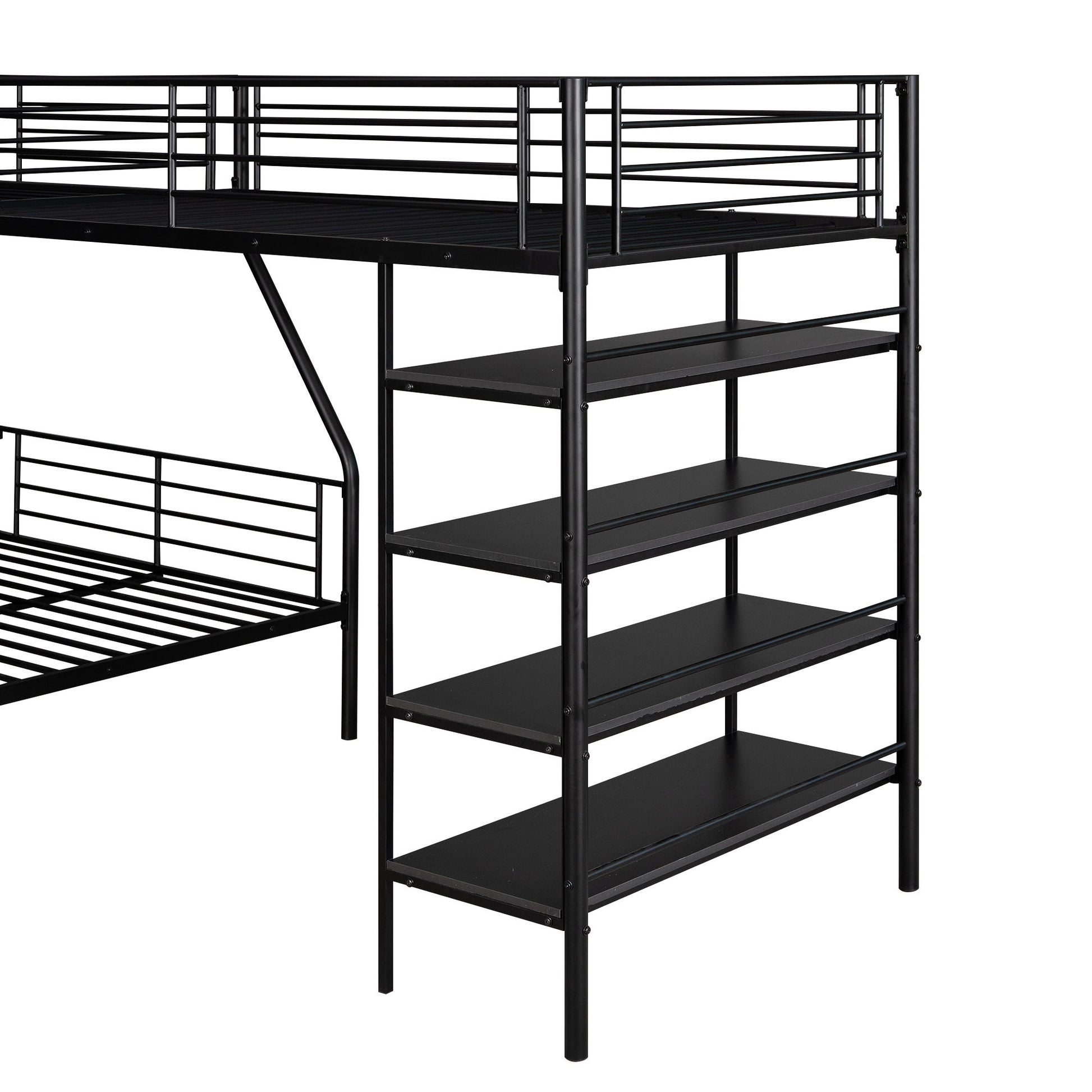 L-Shaped Twin Over Full Bunk Bed And Twin Loft Bed With 4 Built In Shelves - Black - The Sleep Loft - Online Mattress Showroom NYC