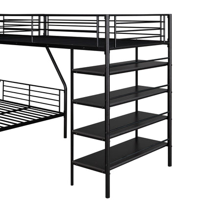 L-Shaped Twin Over Full Bunk Bed And Twin Loft Bed With 4 Built In Shelves - Black - The Sleep Loft - Online Mattress Showroom NYC