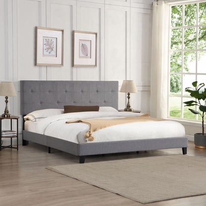 Modern Upholstered Platform Bed Frame With Button Tufted Linen Headboard And Wood Slat Support