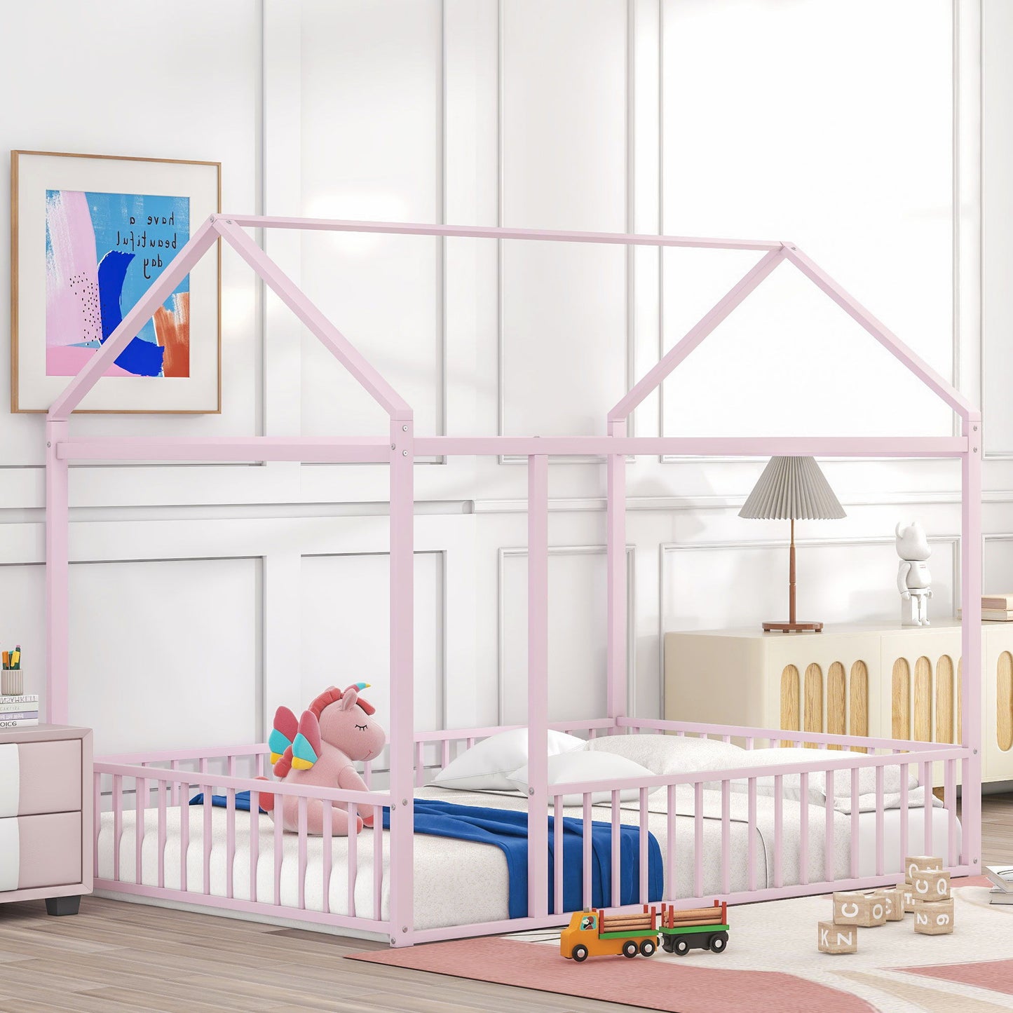 Metal Bed House Bed Frame With Fence - The Sleep Loft - Online Mattress Showroom NYC