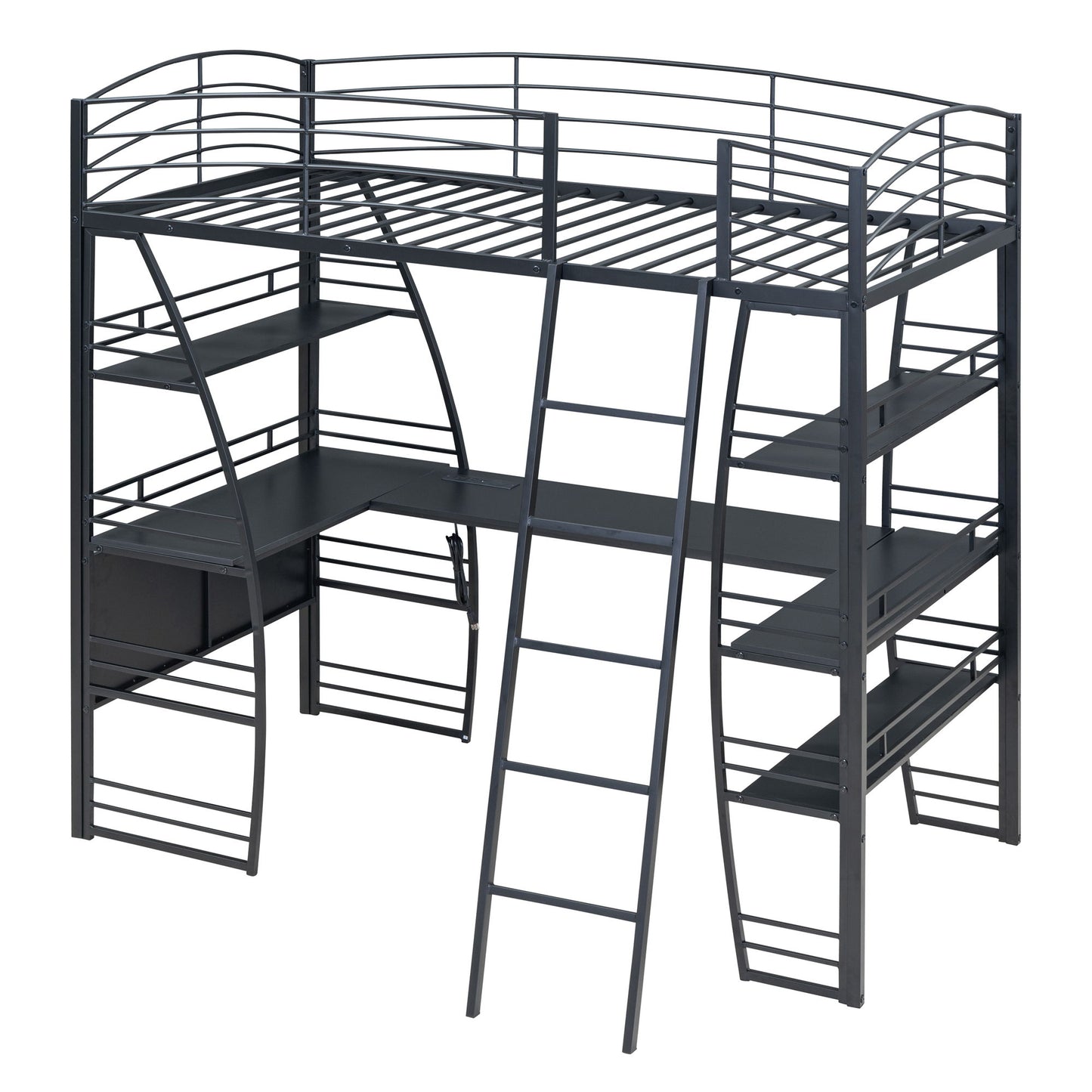 Loft Bed With 4 Layers Of Shelves And L-Shaped Desk, Stylish Metal Frame Bed With A Set Of Sockets, USB Ports And And Wireless Charging - The Sleep Loft - Online Mattress Showroom NYC