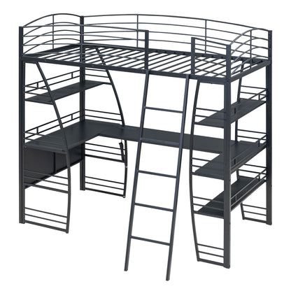 Loft Bed With 4 Layers Of Shelves And L-Shaped Desk, Stylish Metal Frame Bed With A Set Of Sockets, USB Ports And And Wireless Charging - The Sleep Loft - Online Mattress Showroom NYC