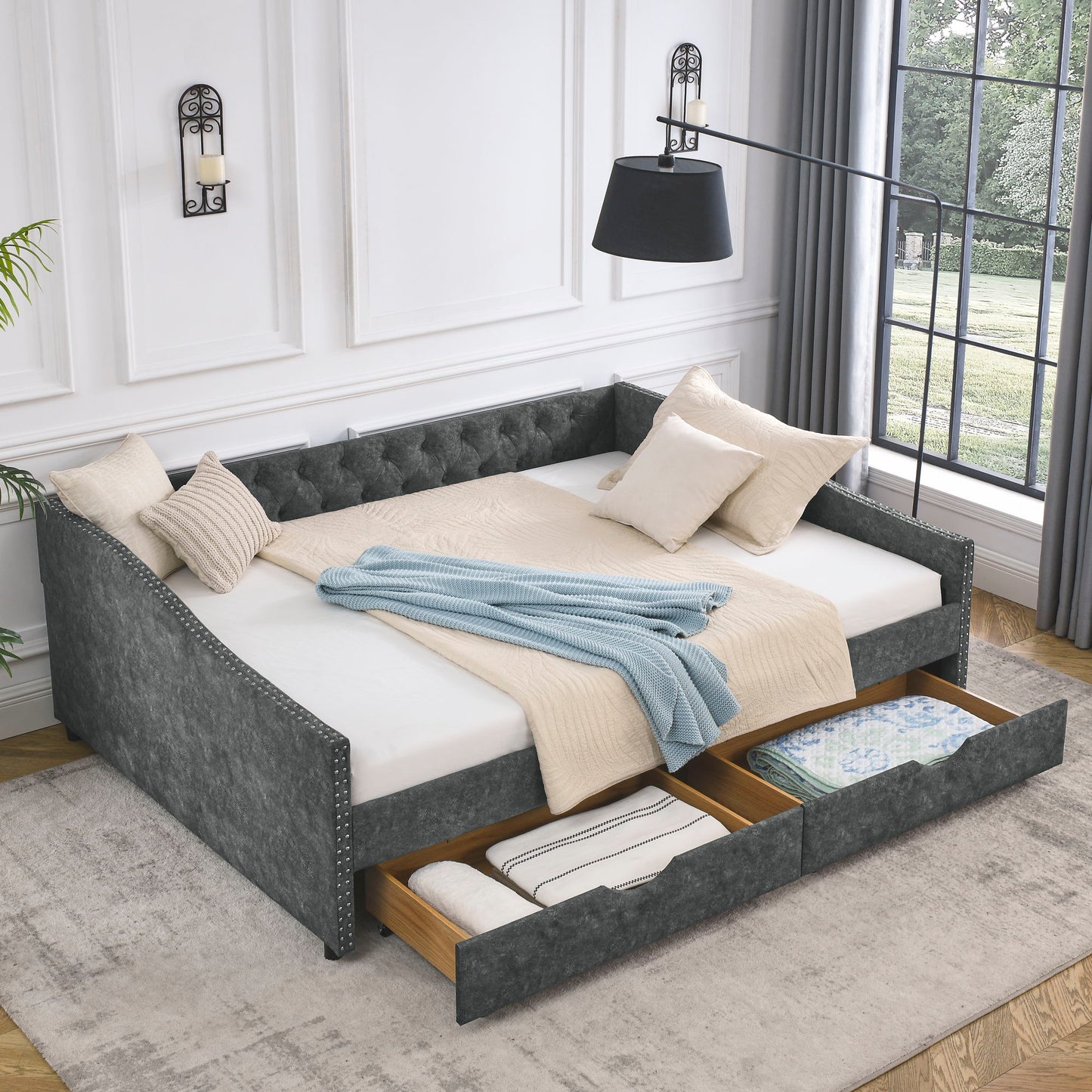 Upholstered Tufted Daybed With 2 Drawers, Waved Arms - The Sleep Loft - Online Mattress Showroom NYC