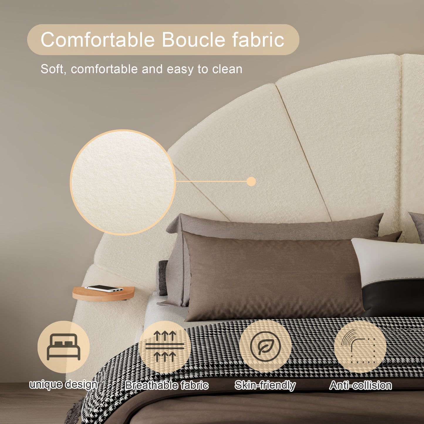 Queen Arched Bed With Small Table, Floor Standing Design - Beige - The Sleep Loft - Online Mattress Showroom NYC