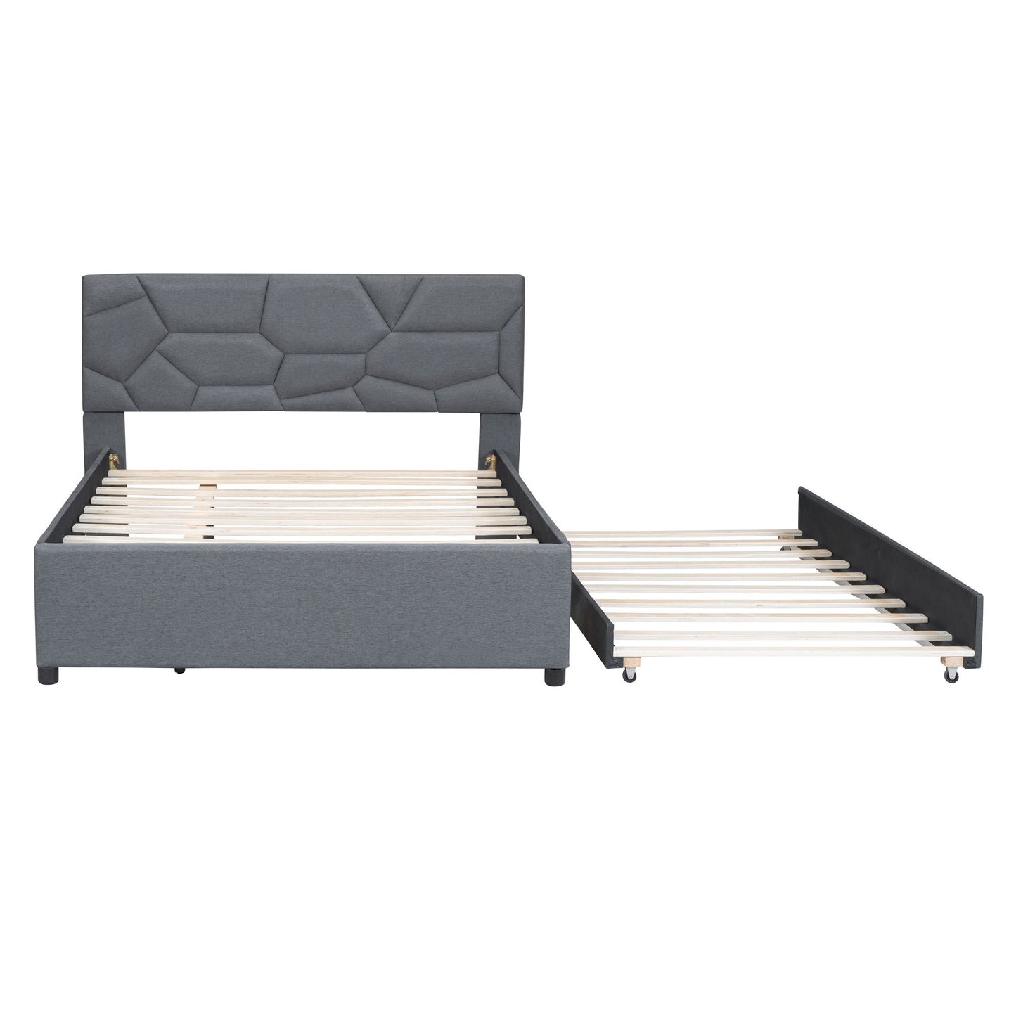 Upholstered Platform Bed With Brick Pattern Headboard And Twin Long Size Trundle - The Sleep Loft - Online Mattress Showroom NYC