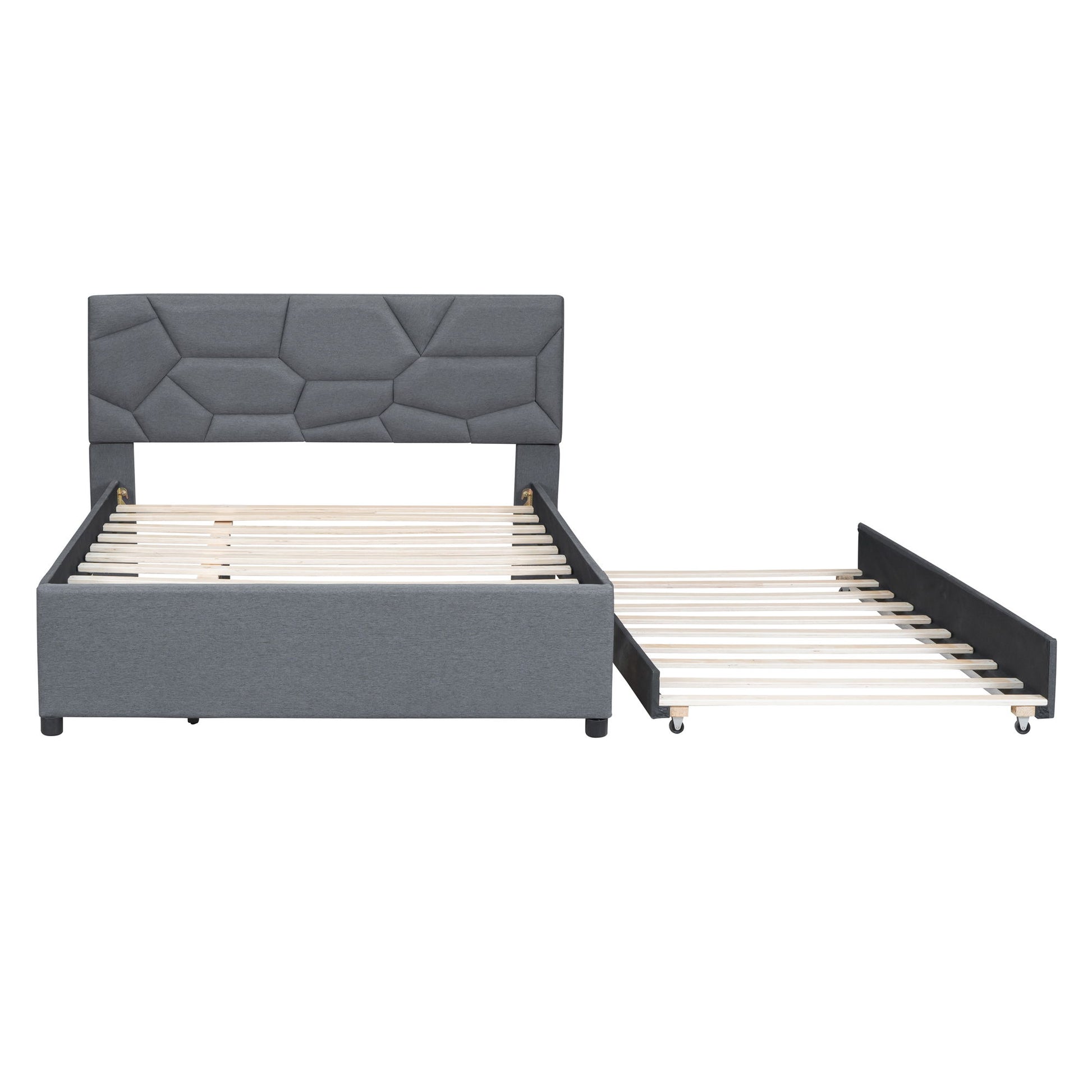 Upholstered Platform Bed With Brick Pattern Headboard And Twin Long Size Trundle - The Sleep Loft - Online Mattress Showroom NYC