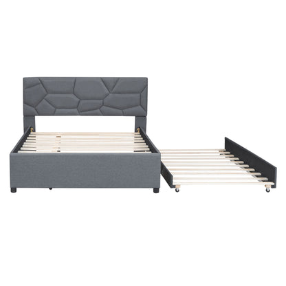Upholstered Platform Bed With Brick Pattern Headboard And Twin Long Size Trundle - The Sleep Loft - Online Mattress Showroom NYC