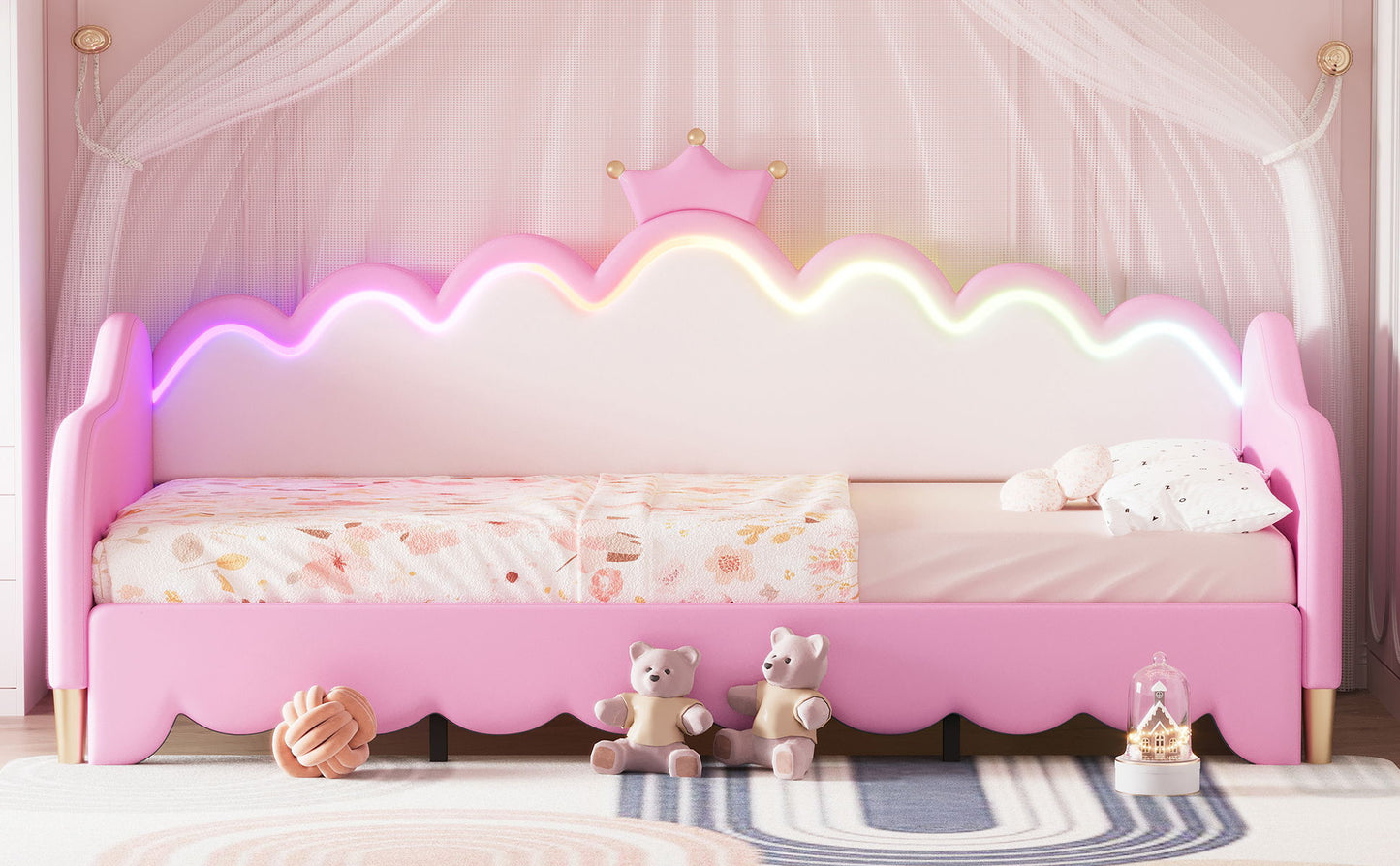 Extending Daybed With LED Lights, Modern Upholstered Princess Daybed With Crown Headboard - The Sleep Loft - Online Mattress Showroom NYC