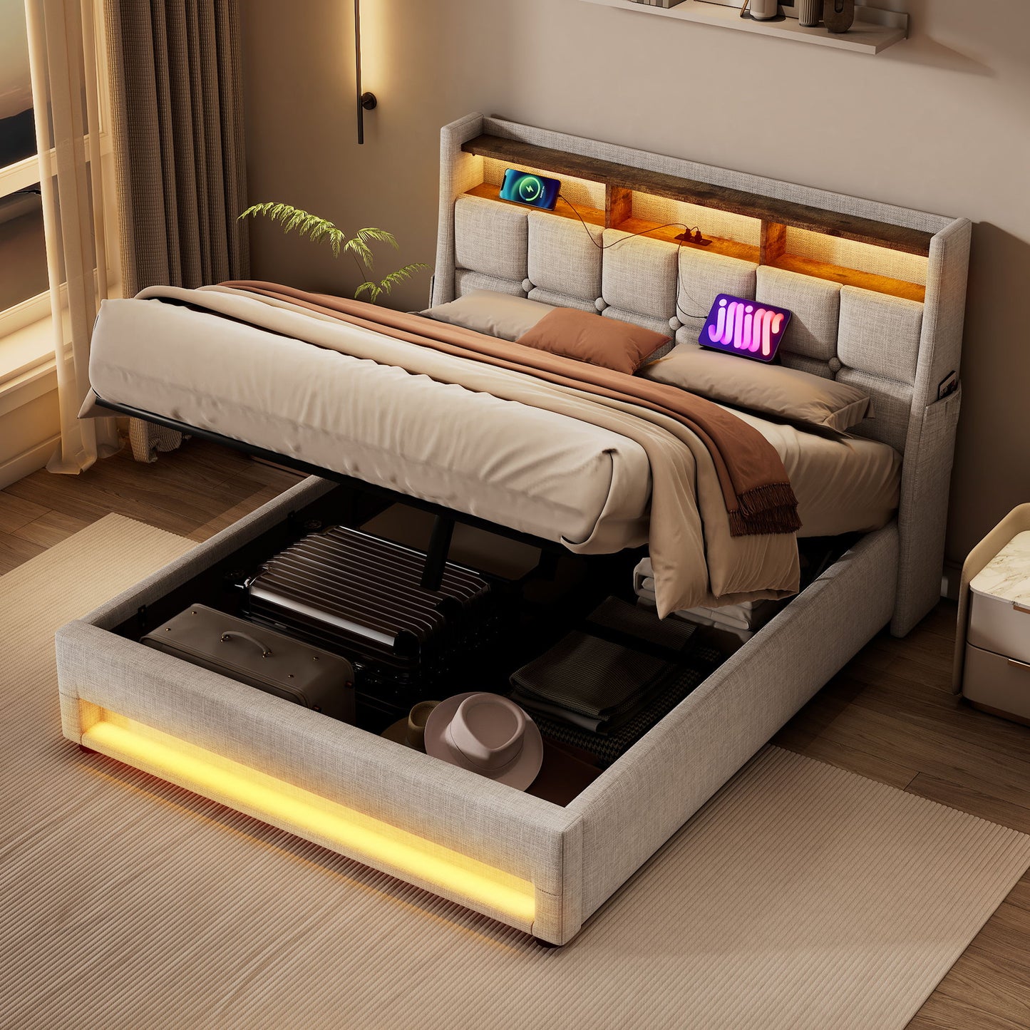 Upholstered Platform Bed With A Hydraulic Storage System, LED And USB Charging (Without Mattress) - The Sleep Loft - Online Mattress Showroom NYC
