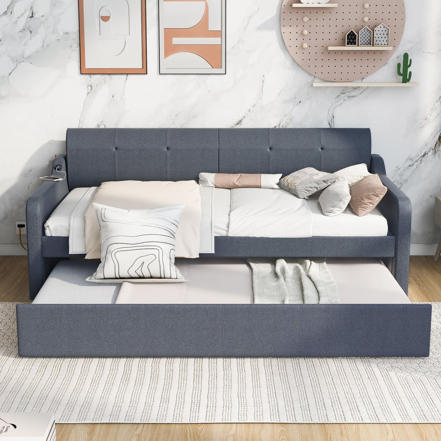 Upholstered Daybed With Trundle And USB Charging - The Sleep Loft - Online Mattress Showroom NYC