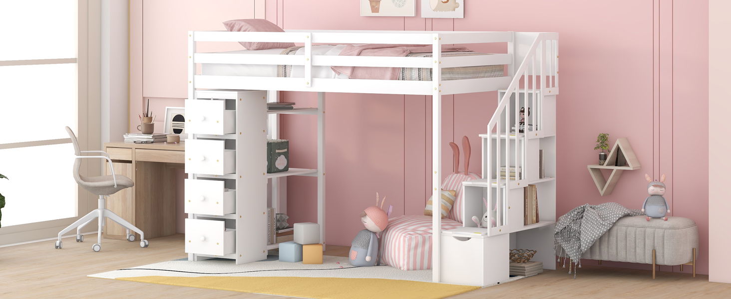 Loft Bed With Storage Drawers And Stairs With Shelves - The Sleep Loft - Online Mattress Showroom NYC