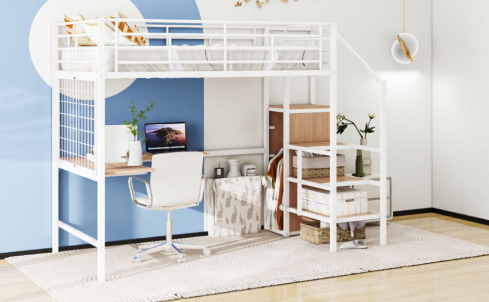Loft Bed With Desk And Grid, Stylish Frame With Lateral Storage Ladder And Wardrobe - The Sleep Loft - Online Mattress Showroom NYC