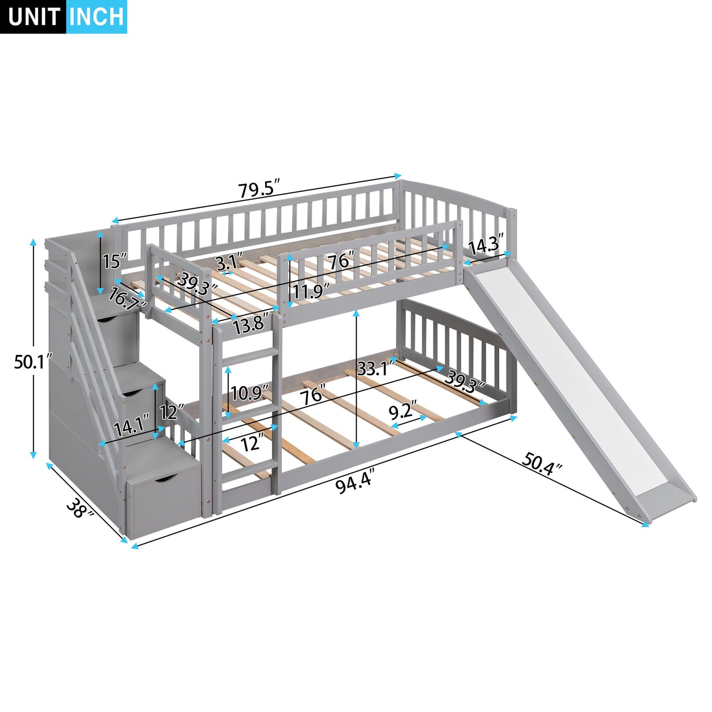 Twin Over Twin Bunk Stairway Bed With 2 Drawers And Slide - Gray - The Sleep Loft - Online Mattress Showroom NYC