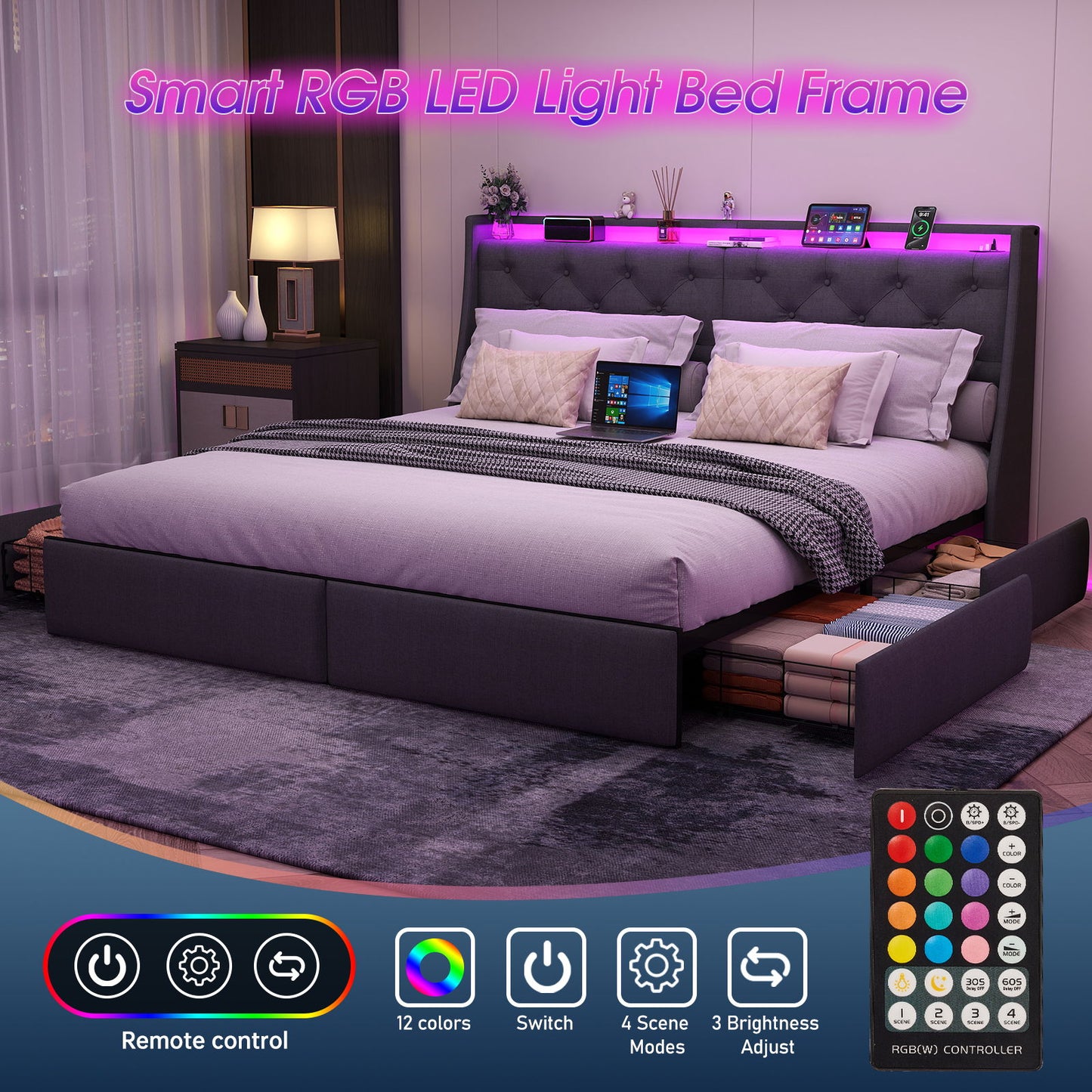 King Platform Bed Frame With RGB LED & Charging Station Storage Headboard, 12 Color Ambient Lighting - Gray