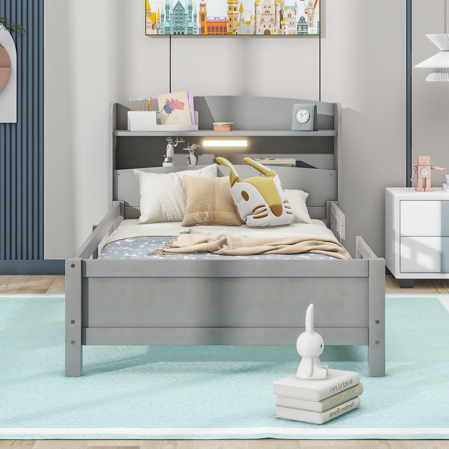 Wood Platform Bed With Built In LED Light, Storage Headboard And Guardrail - The Sleep Loft - Online Mattress Showroom NYC