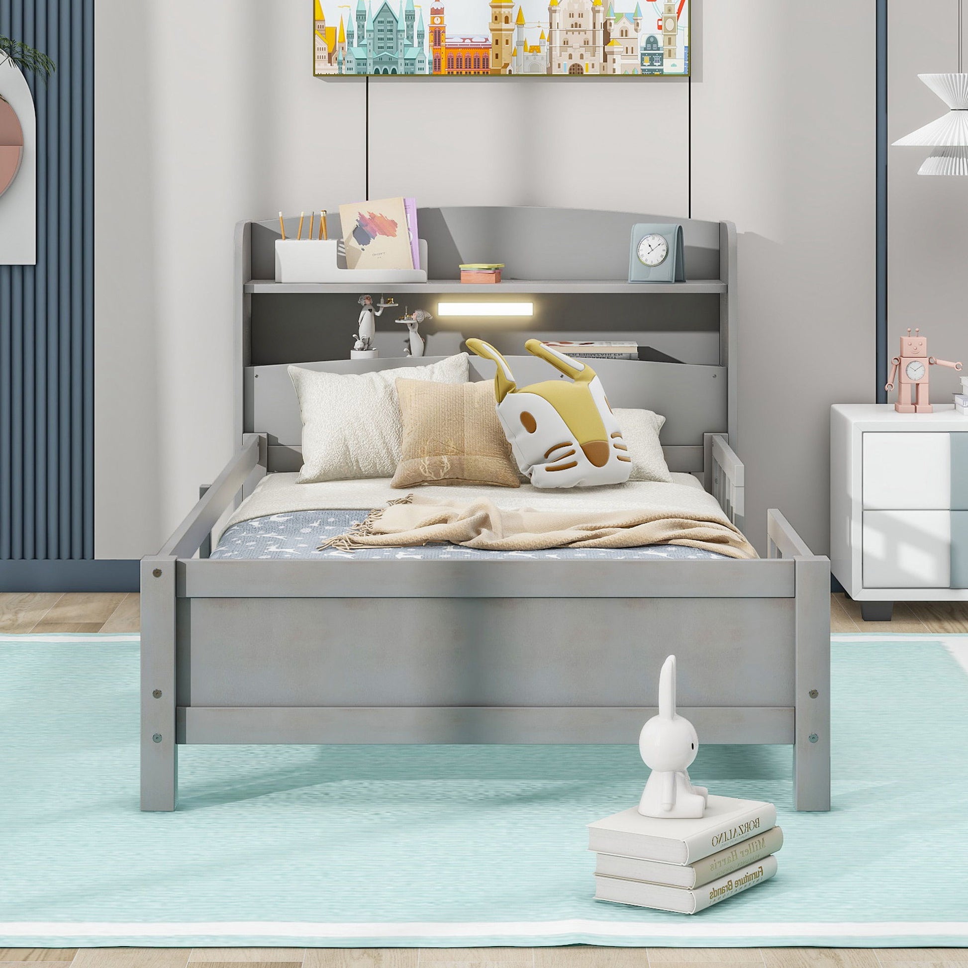 Wood Platform Bed With Built In LED Light, Storage Headboard And Guardrail - The Sleep Loft - Online Mattress Showroom NYC