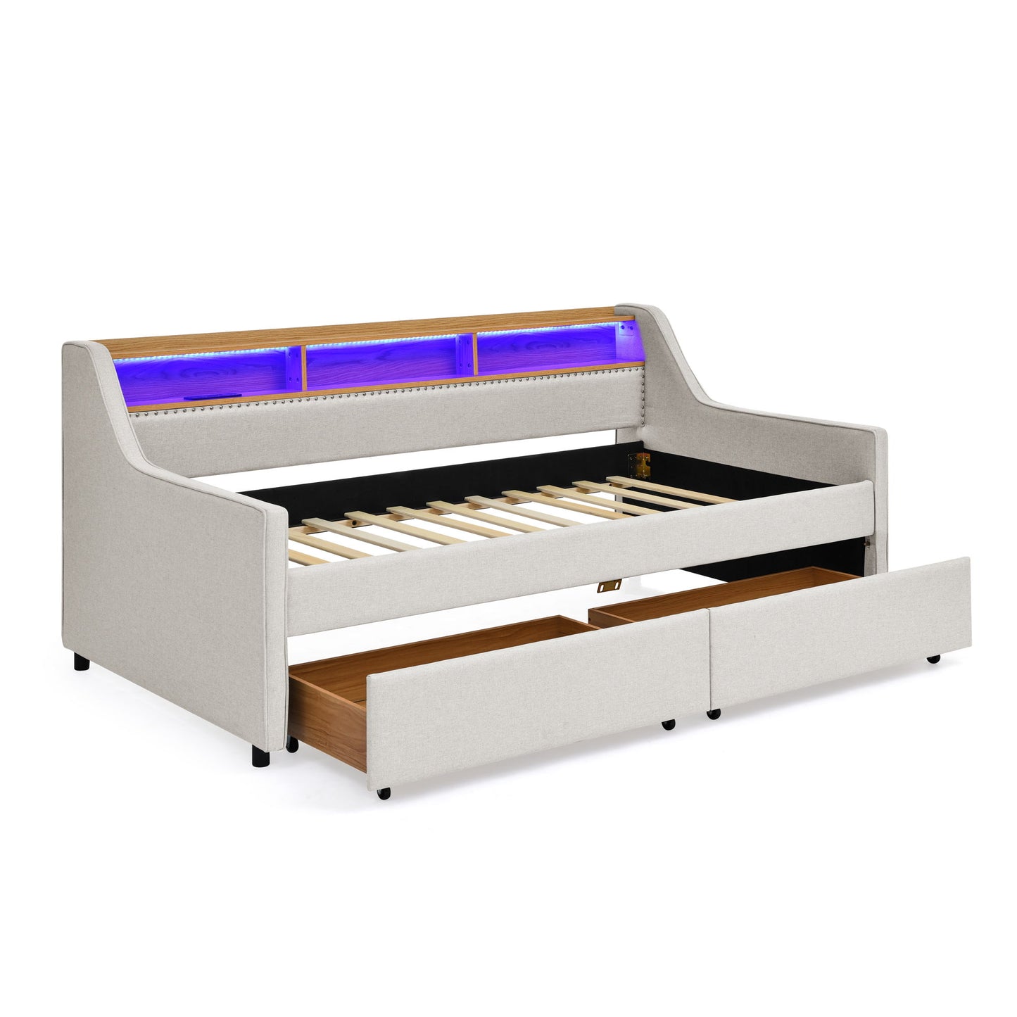 Twin Upholstered Sofa Bed With LED Lights, Storage Drawers, Adjustable Headboard & Wireless Charging - Beige - The Sleep Loft - Online Mattress Showroom NYC