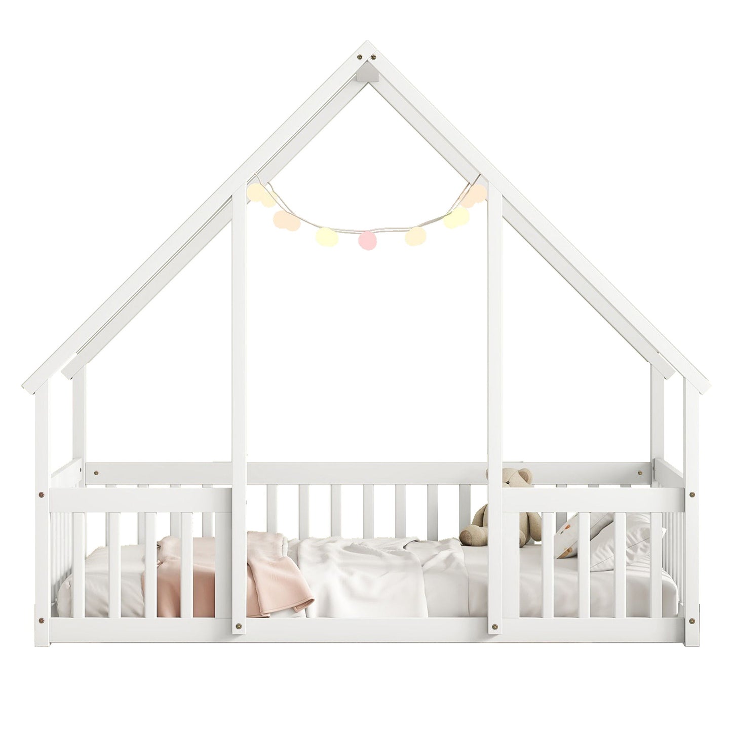 Wood House-Shaped Floor Bed With Fence, Guardrails - The Sleep Loft - Online Mattress Showroom NYC