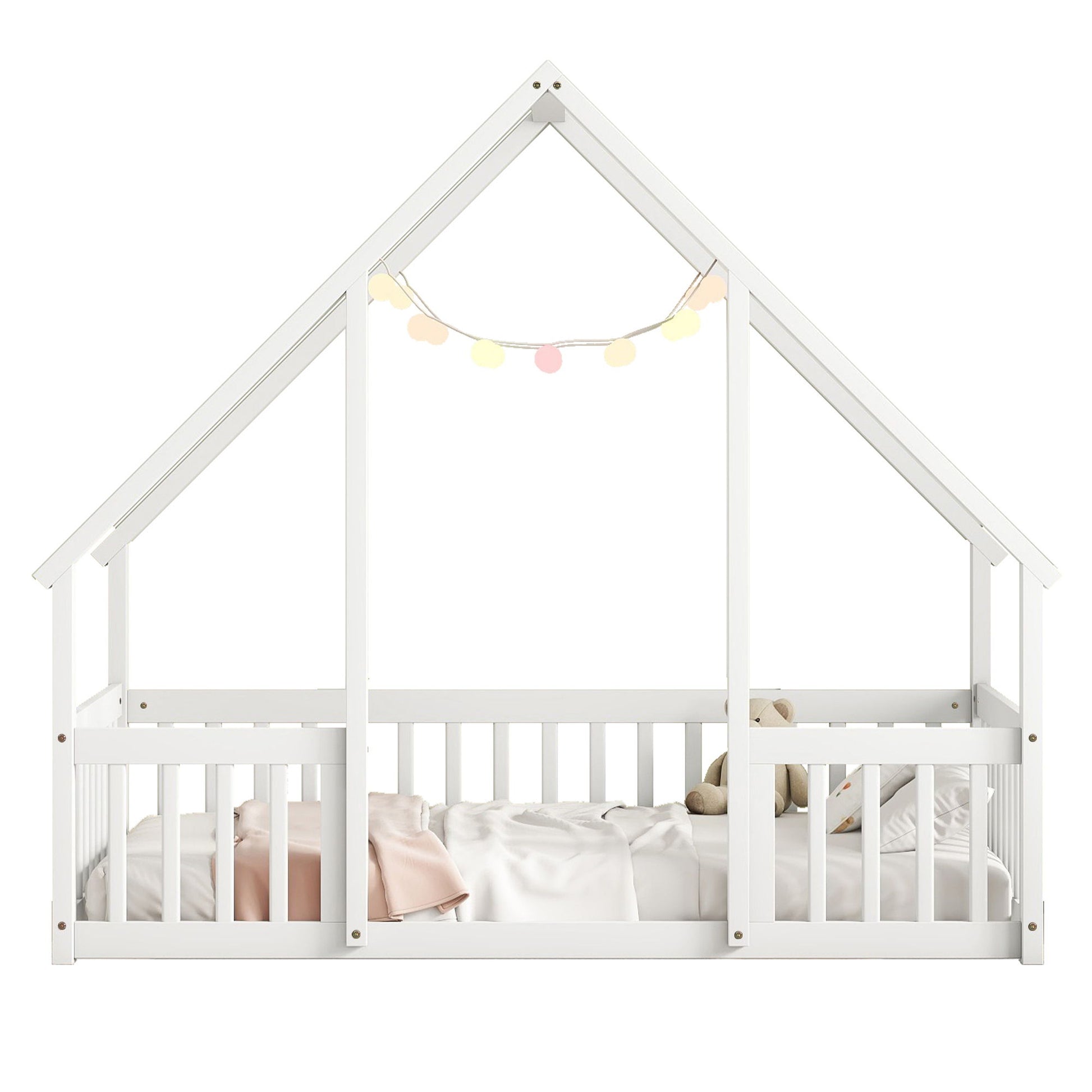 Wood House-Shaped Floor Bed With Fence, Guardrails - The Sleep Loft - Online Mattress Showroom NYC