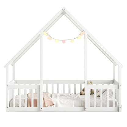 Wood House-Shaped Floor Bed With Fence, Guardrails - The Sleep Loft - Online Mattress Showroom NYC