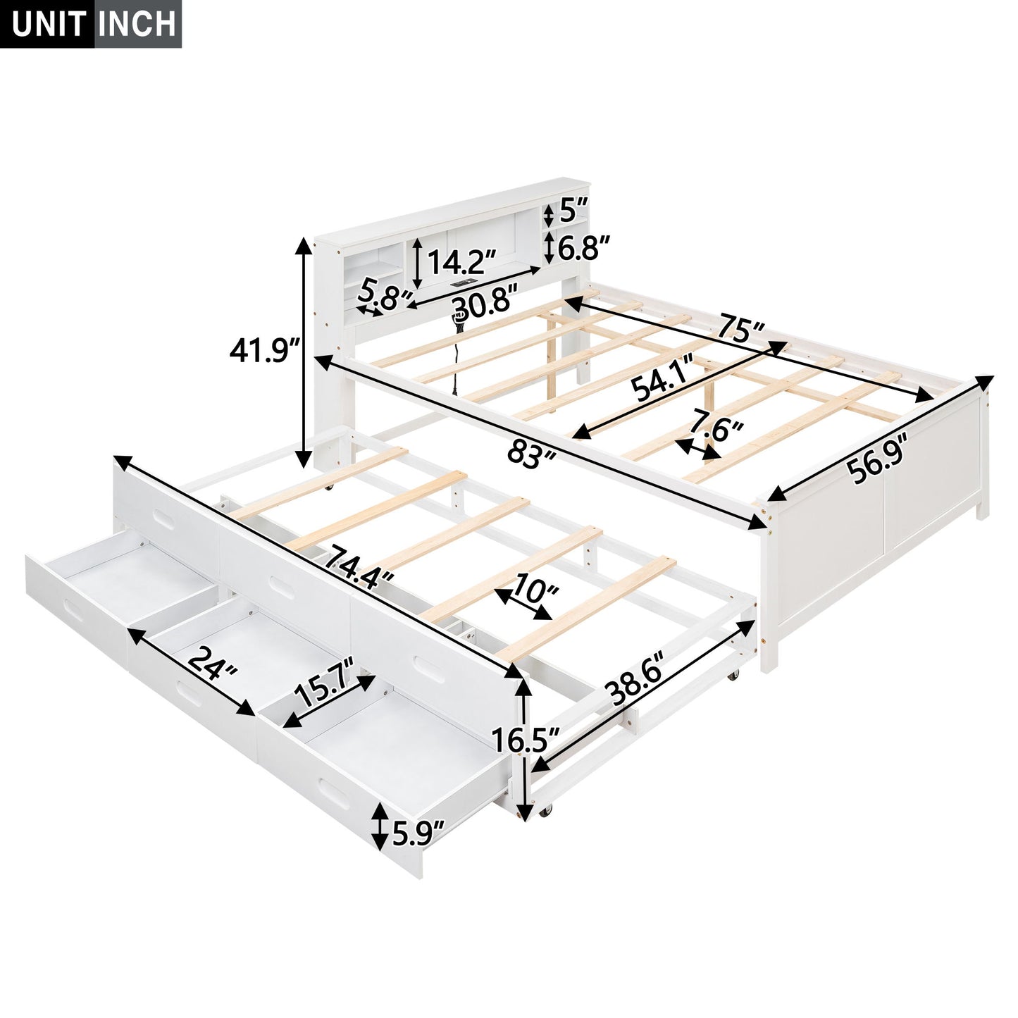 Platform Bed With Storage Headboard, USB, Trundle And 3 Drawers - The Sleep Loft - Online Mattress Showroom NYC