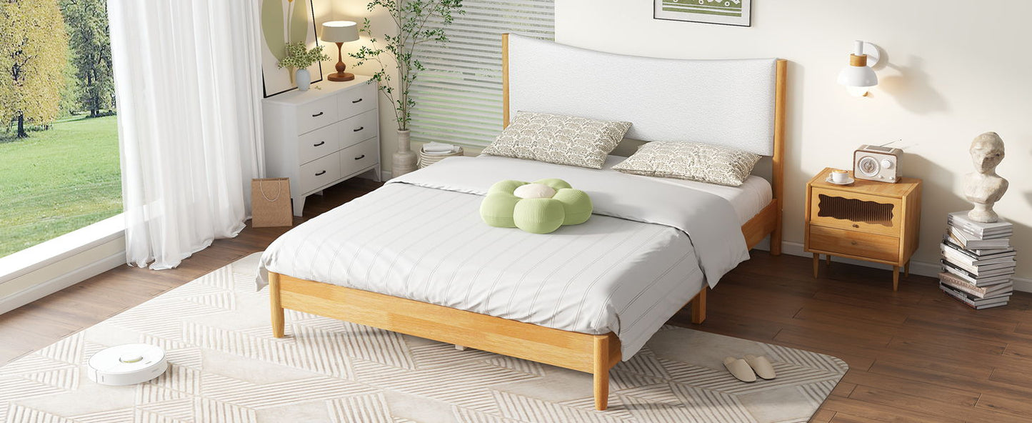 Queen Size Rubber Wooden, Solid Wooden Bed With Teddy Velvet Cushion Upholstered Headboard, Enhanced By Support Feet - Natural - The Sleep Loft - Online Mattress Showroom NYC