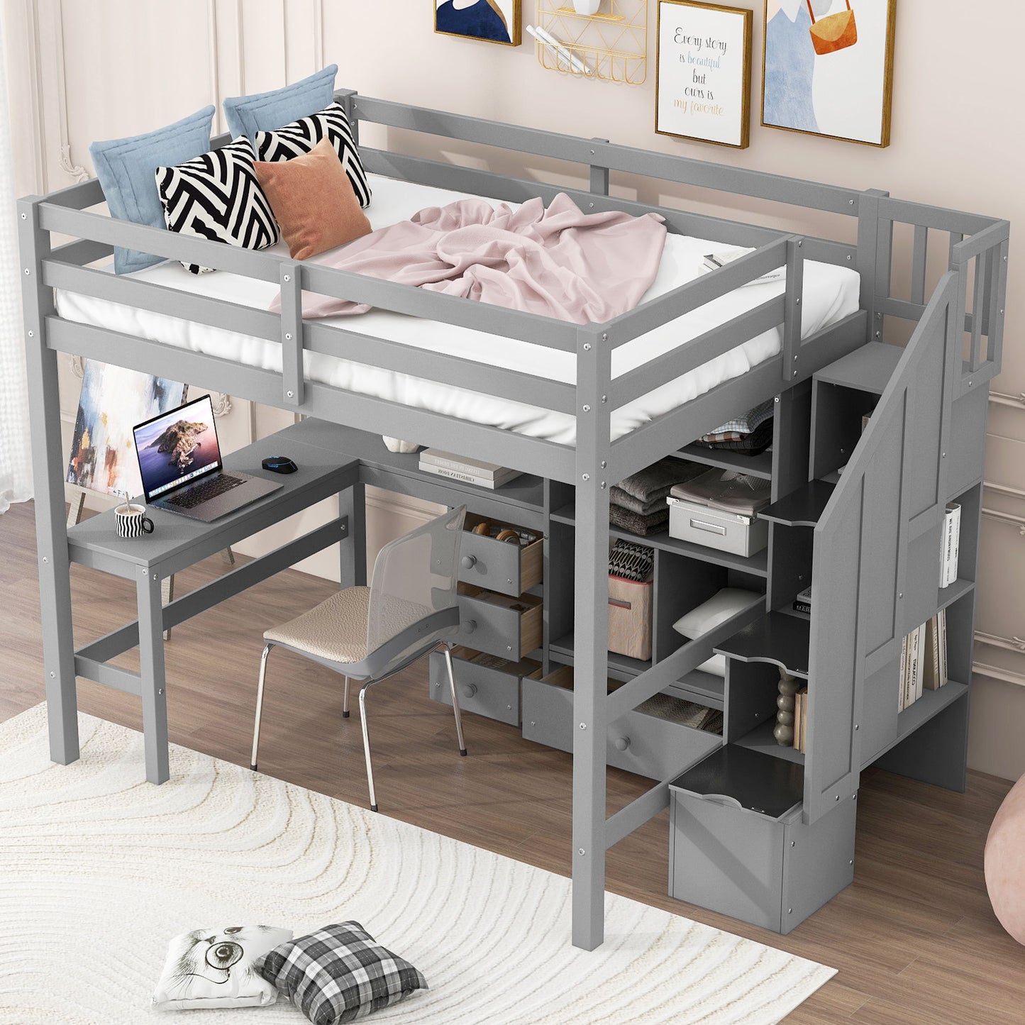 Loft Bed & L Shaped Desk, Drawers, Cabinet, And Storage Staircase - The Sleep Loft - Online Mattress Showroom NYC