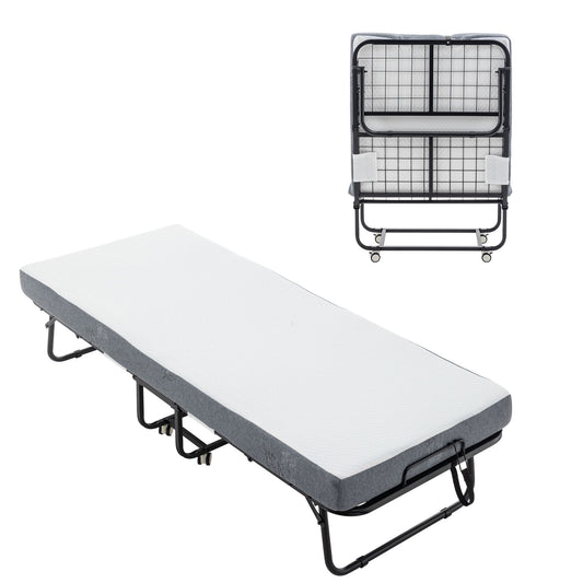Foldable Metal Frame Bed For Guest With Memory Foam Mattress On Wheels, Saving Space Rollaway Bed - The Sleep Loft - Online Mattress Showroom NYC