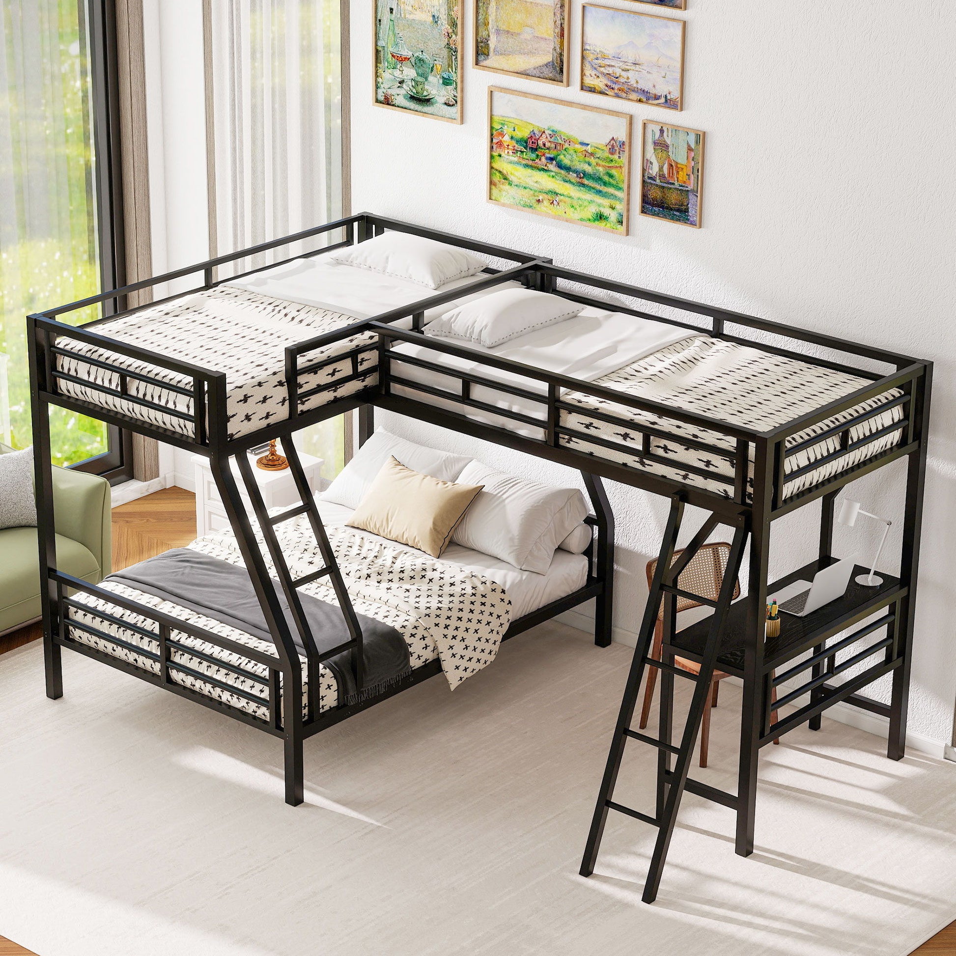 Twin Over Full Bunk Bed With Loft And Desk, L-Shaped Design For 3 Sleepers - Black - The Sleep Loft - Online Mattress Showroom NYC