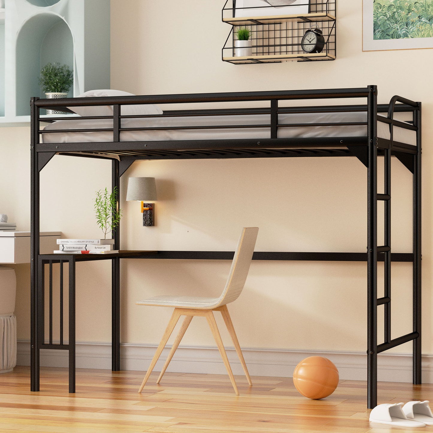 Twin Metal Loft Bed With Desk, Ladder And Guardrails, Bookdesk Under Bed - Black - The Sleep Loft - Online Mattress Showroom NYC
