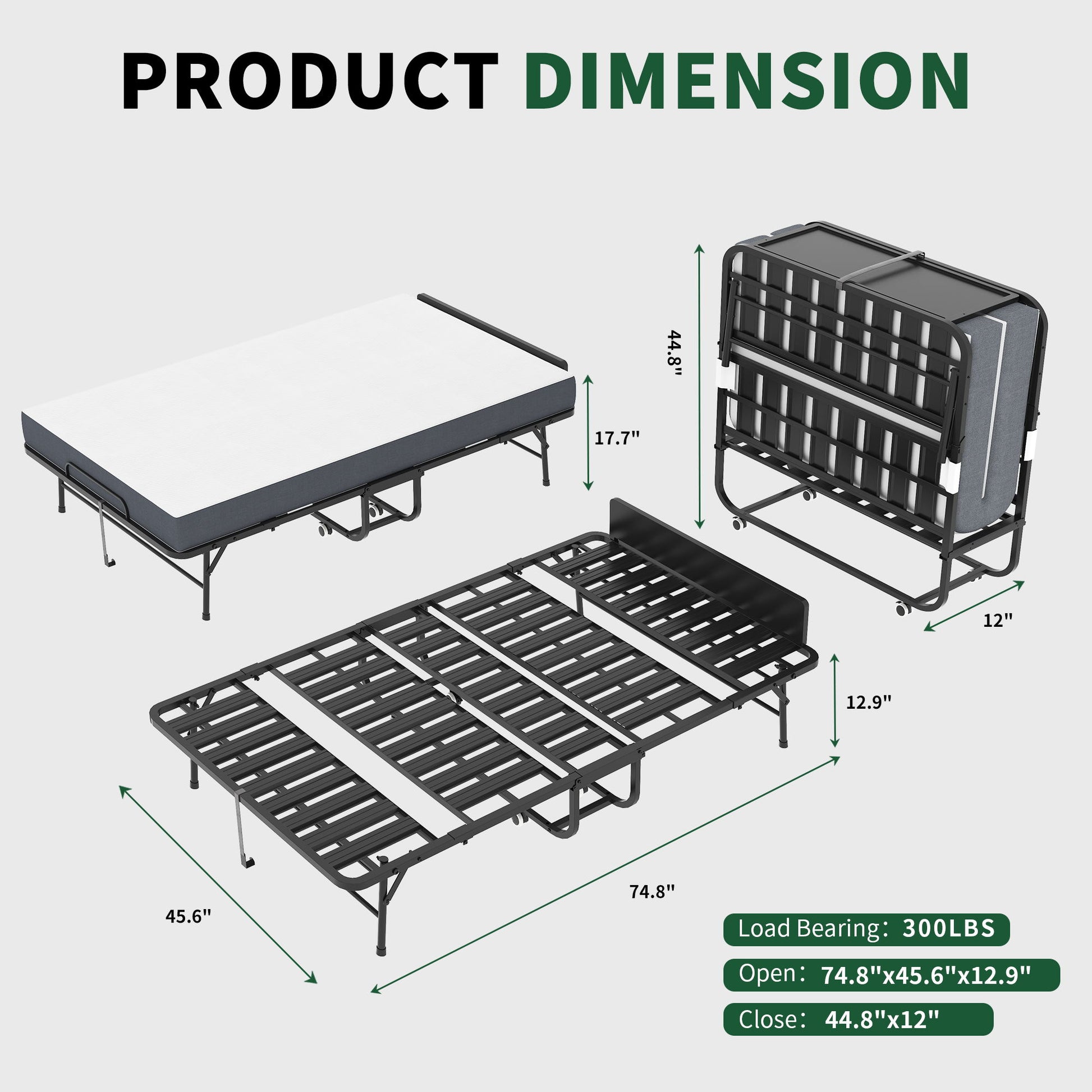 Twin Extra Long Folding Bed With Adjustable Headboard, Cot With Memory Foam Mattress - Black - The Sleep Loft - Online Mattress Showroom NYC