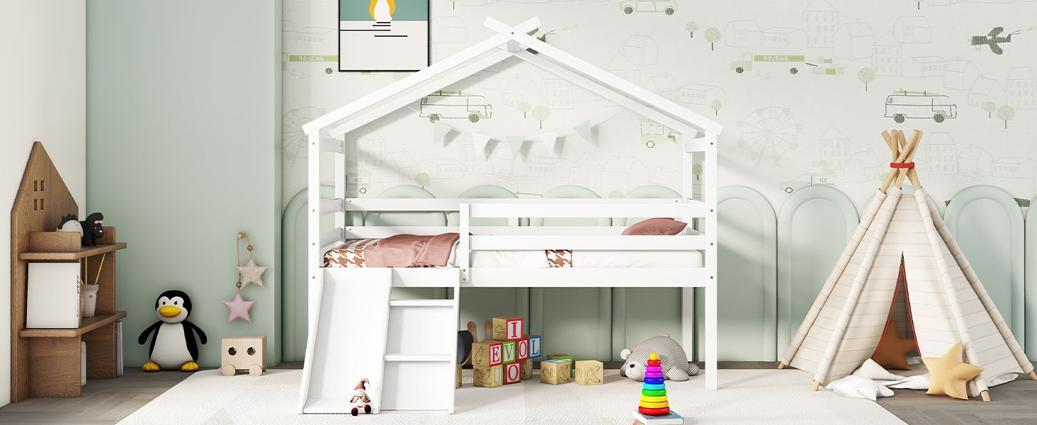 Low Loft House Bed With Slide, Ladder, Safety Guardrails, House Roof Frame - The Sleep Loft - Online Mattress Showroom NYC