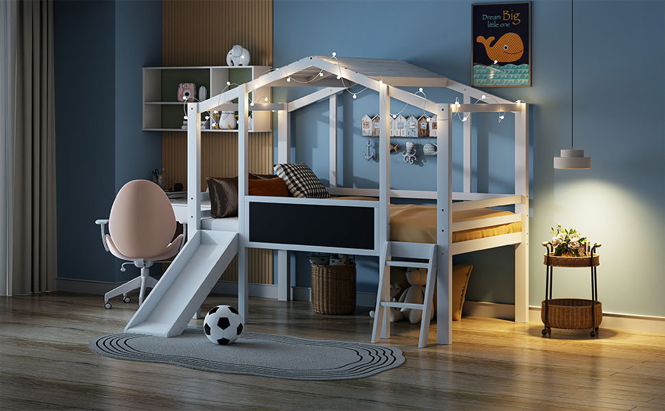 Loft House Bed With Ladder And Slide, With board And Light Strip On The Roof - The Sleep Loft - Online Mattress Showroom NYC
