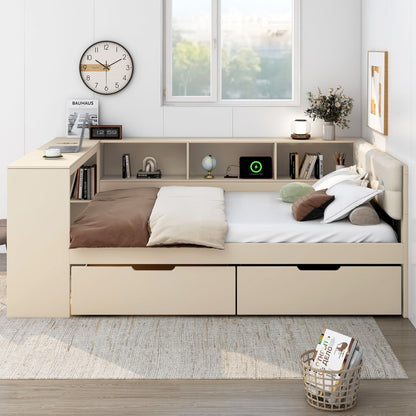 Upholstered Headboard Platform Bed With Storage Shelves, Drawers, Charging Station - The Sleep Loft - Online Mattress Showroom NYC