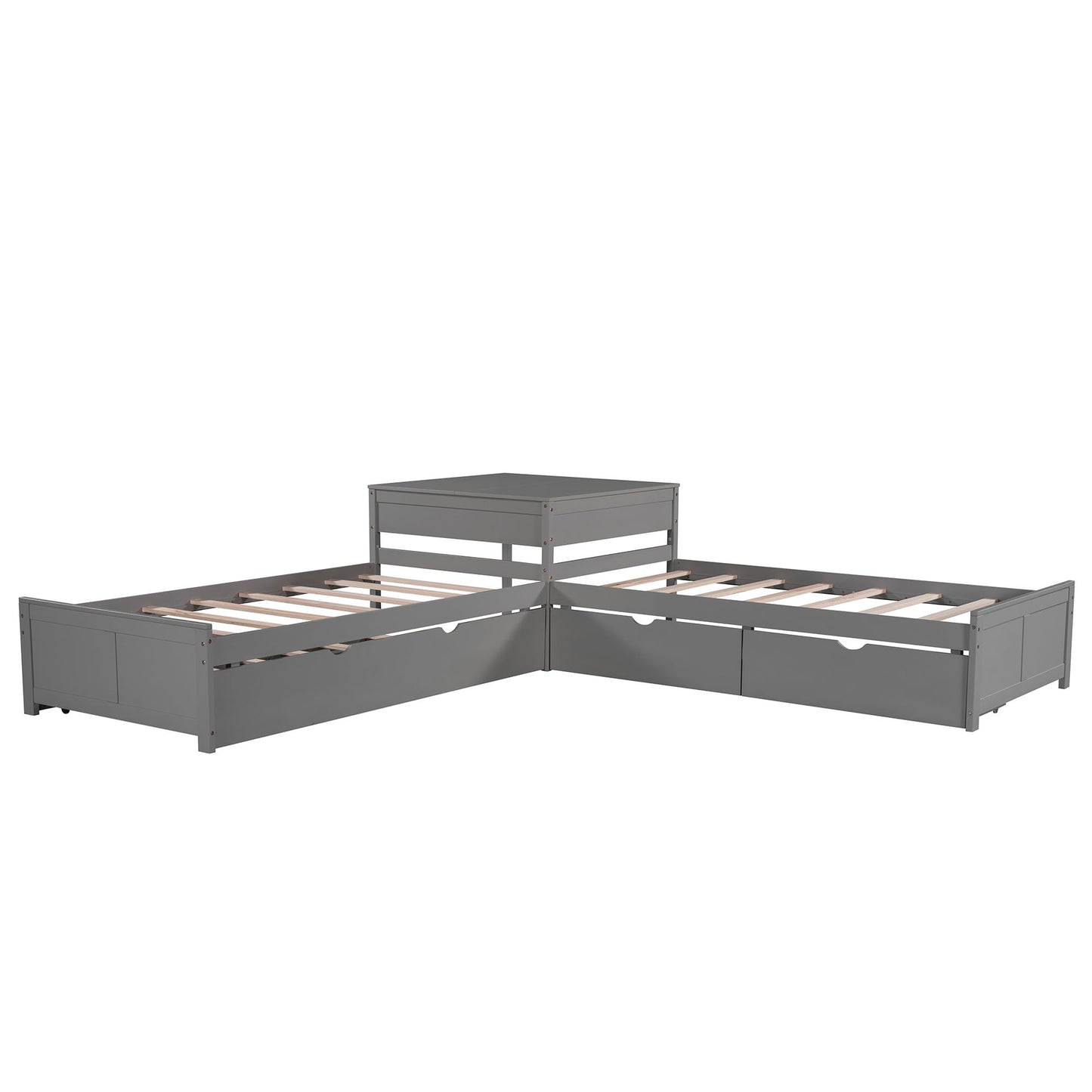 L Shaped Platform Bed With Trundle And Drawers Linked With Built In Desk - The Sleep Loft - Online Mattress Showroom NYC