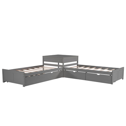 L Shaped Platform Bed With Trundle And Drawers Linked With Built In Desk - The Sleep Loft - Online Mattress Showroom NYC
