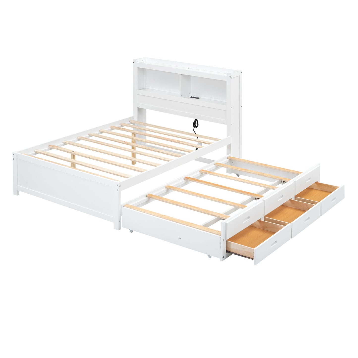 Full Size Platform Bed With Trundle, Drawers, USB Ports And Built In Shelves - White - The Sleep Loft - Online Mattress Showroom NYC