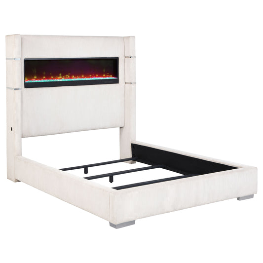 Tisdall Upholstered Cal King Flame Visualizer Bed Cream - The Sleep Loft - Online Mattress Showroom NYC