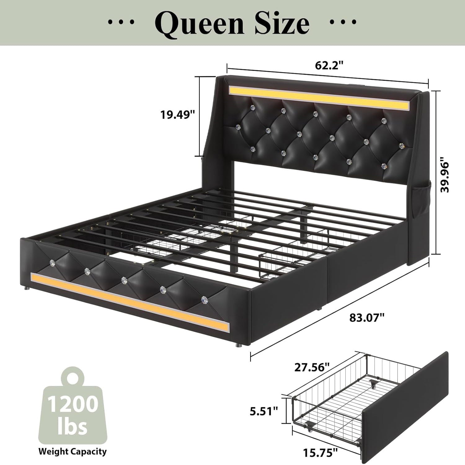 Wingback Upholstered Bed Frame With LED Lights, Charging Station - The Sleep Loft - Online Mattress Showroom NYC