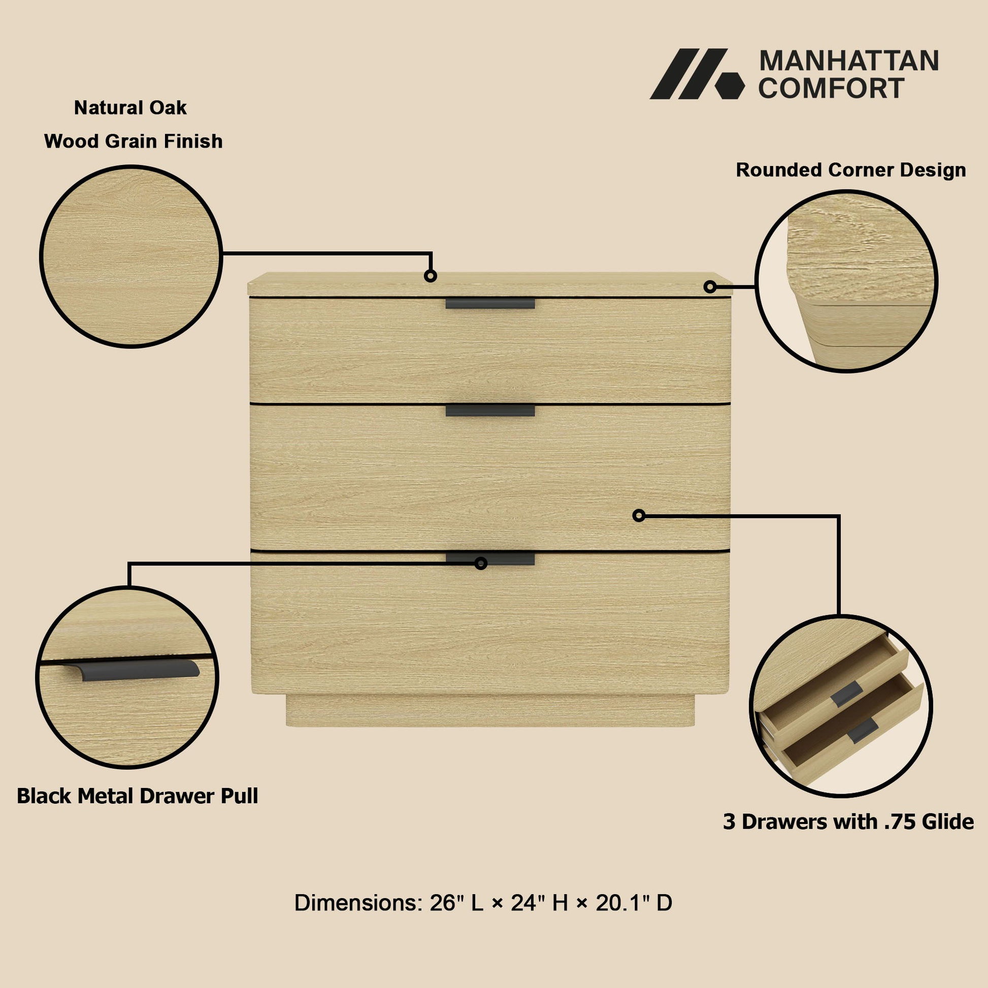Payton - Nightstand & 3 Drawers - Oak - The Sleep Loft - Online Mattress Showroom NYC