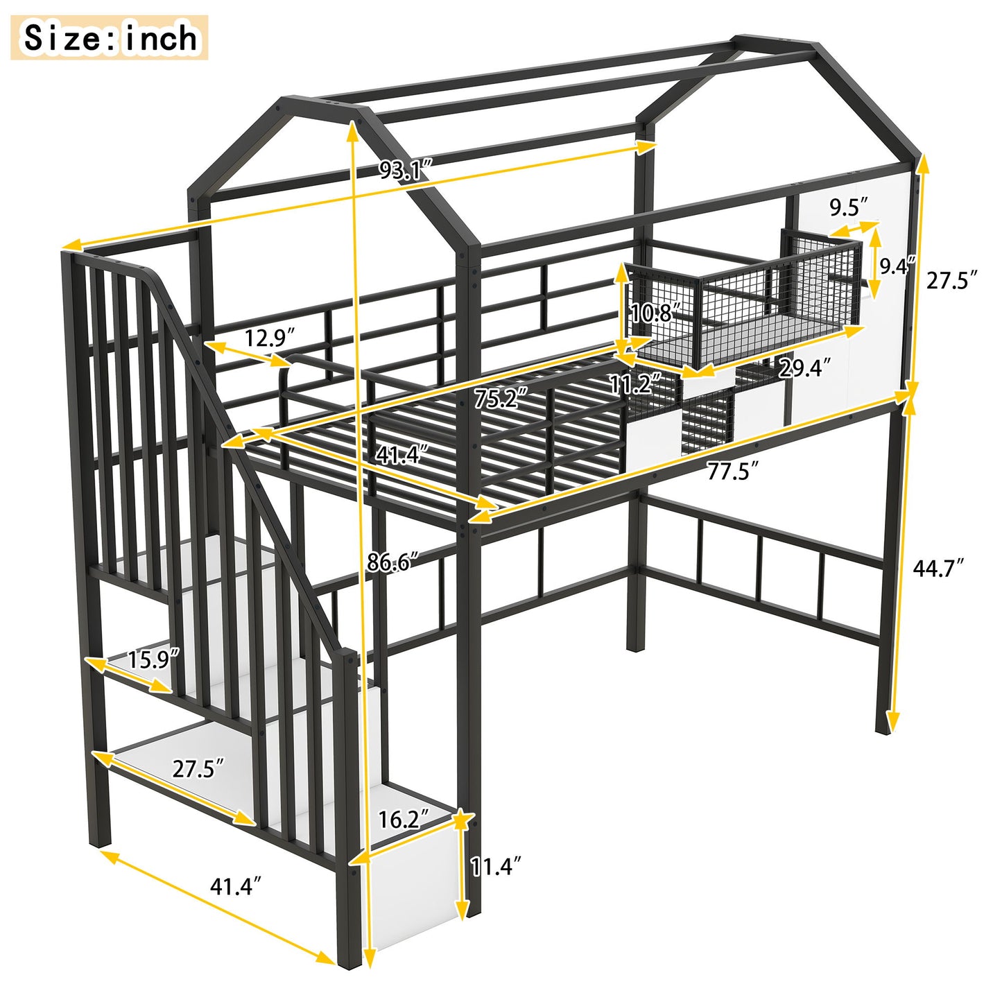 Metal Loft Bed With Roof Design And Storage Box With Guardrails And Integrated Ladder - The Sleep Loft - Online Mattress Showroom NYC