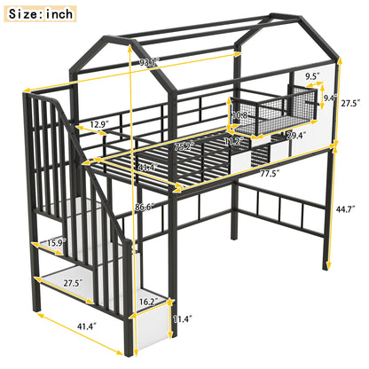 Metal Loft Bed With Roof Design And Storage Box With Guardrails And Integrated Ladder - The Sleep Loft - Online Mattress Showroom NYC