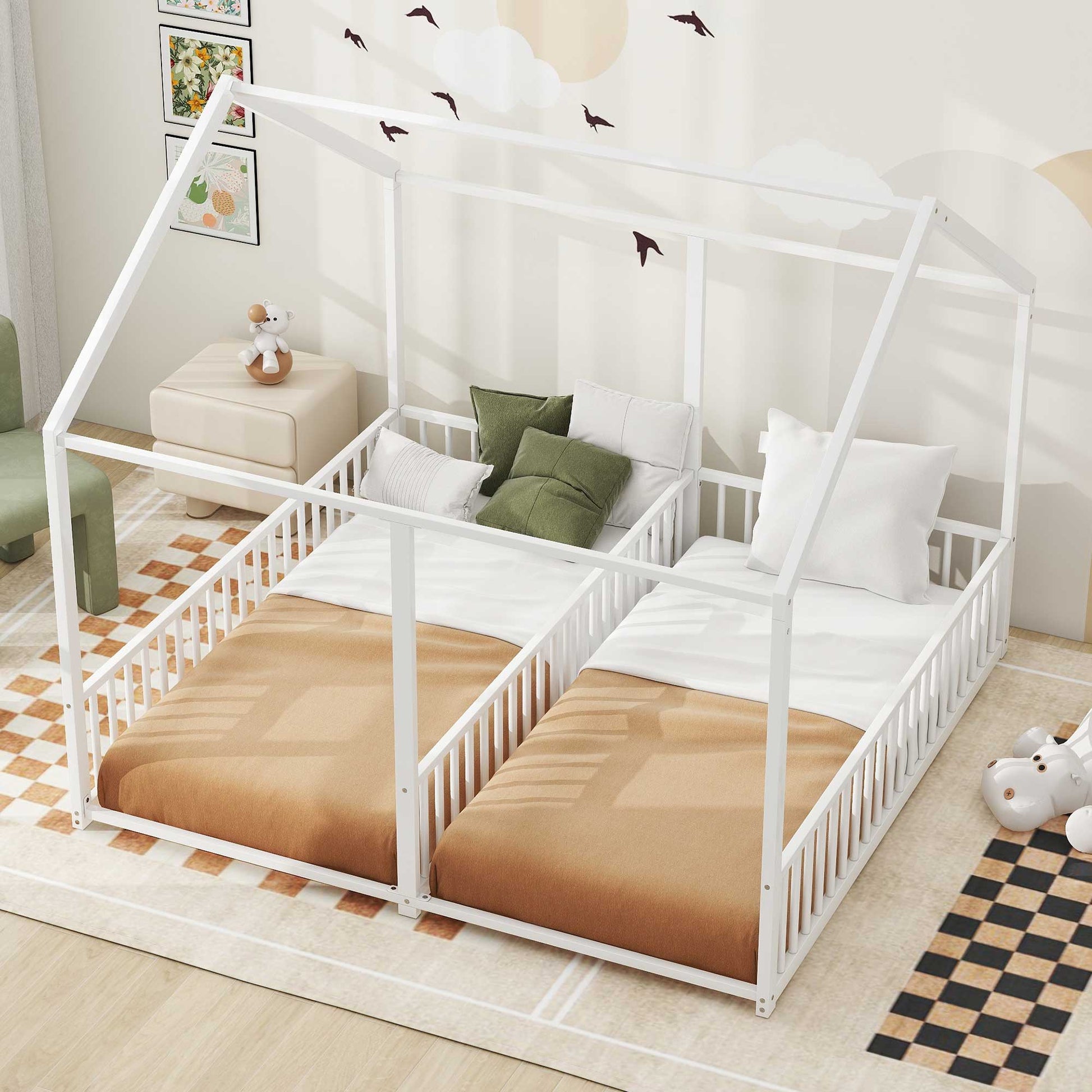 Metal Twin Size House Platform Beds 2 Shared Beds - Antique White - The Sleep Loft - Online Mattress Showroom NYC