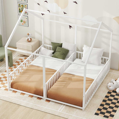 Metal Twin Size House Platform Beds 2 Shared Beds - Antique White - The Sleep Loft - Online Mattress Showroom NYC
