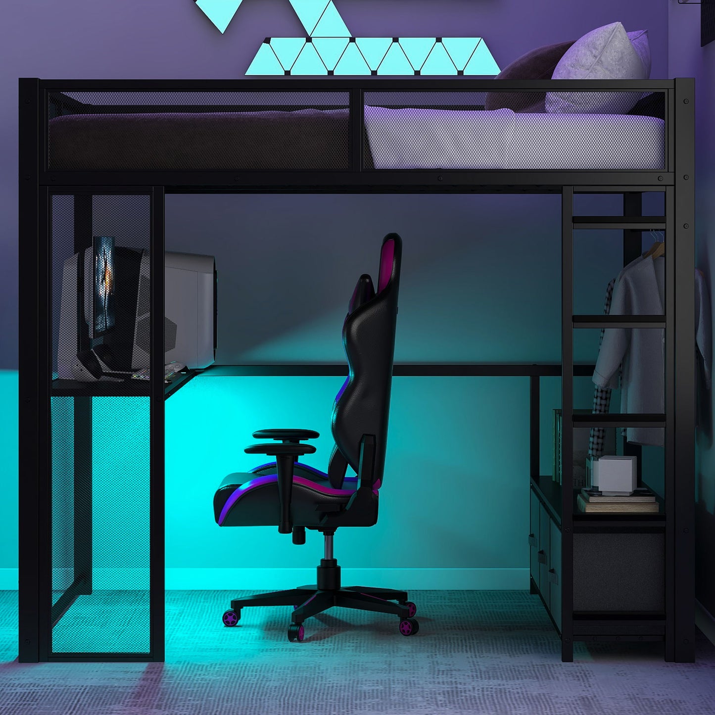 Full Size Gaming Loft Bed With LED Desk, Open Wardrobe, 3 Linen Storage Drawers - Black - The Sleep Loft - Online Mattress Showroom NYC