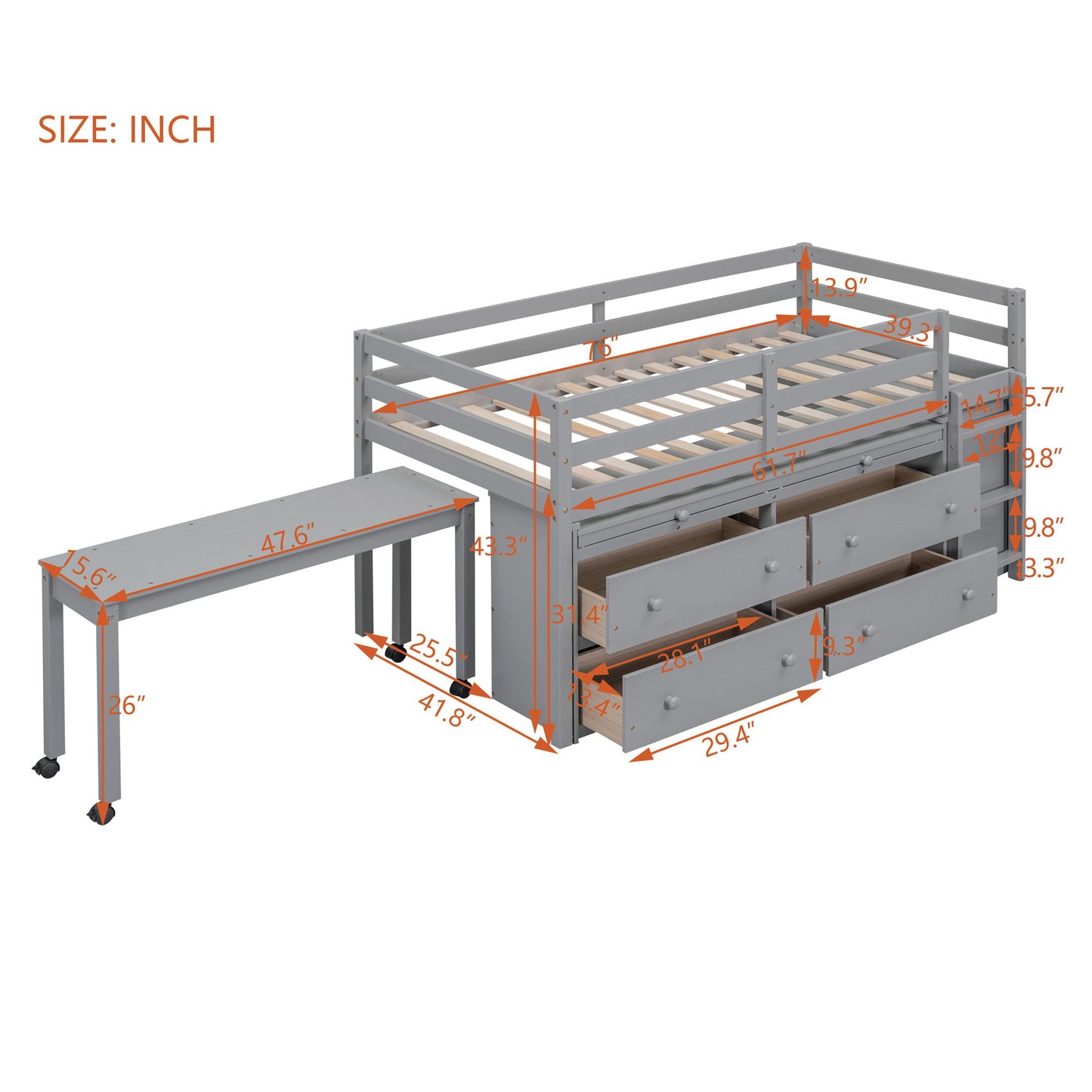 Loft Bed With Retractable Writing Desk And 4 Drawers, With Lateral Portable Desk And Shelves - The Sleep Loft - Online Mattress Showroom NYC
