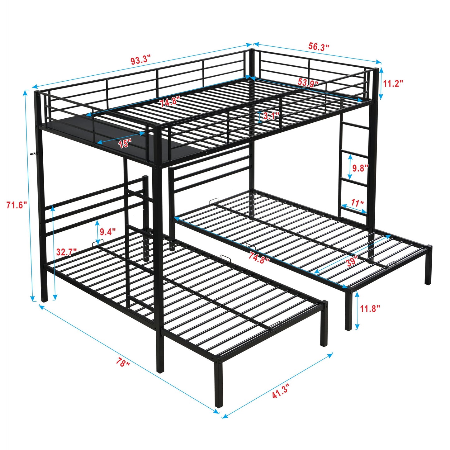 Modern Metal Triple Bunk Bed With Vertical Ladder, Safety Rail, And Storage Shelf - Black - The Sleep Loft - Online Mattress Showroom NYC