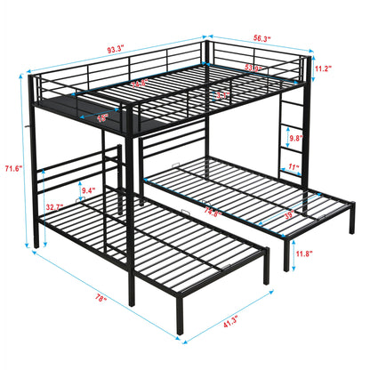 Modern Metal Triple Bunk Bed With Vertical Ladder, Safety Rail, And Storage Shelf - Black - The Sleep Loft - Online Mattress Showroom NYC