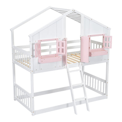 House Bunk Bed With Roof, Window, Window Box, Door, With Safety Guardrails And Ladder - The Sleep Loft - Online Mattress Showroom NYC