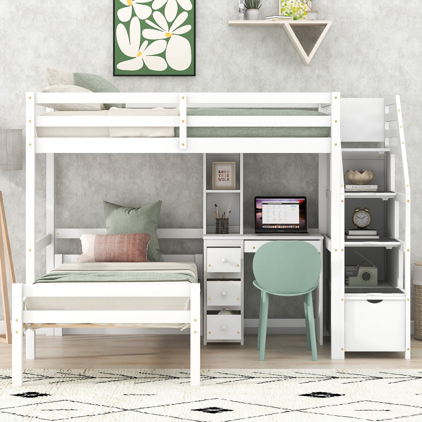 Loft Bed With Stand Alone Bed, Storage Staircase, Desk, Shelves, And Drawers - The Sleep Loft - Online Mattress Showroom NYC